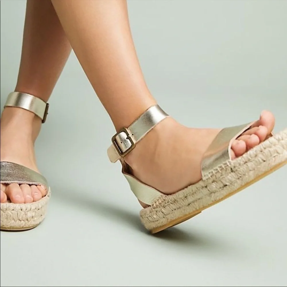 SOLUTOS Cadiz Leather Gold Espadrilles platform ankle Sandals size 6